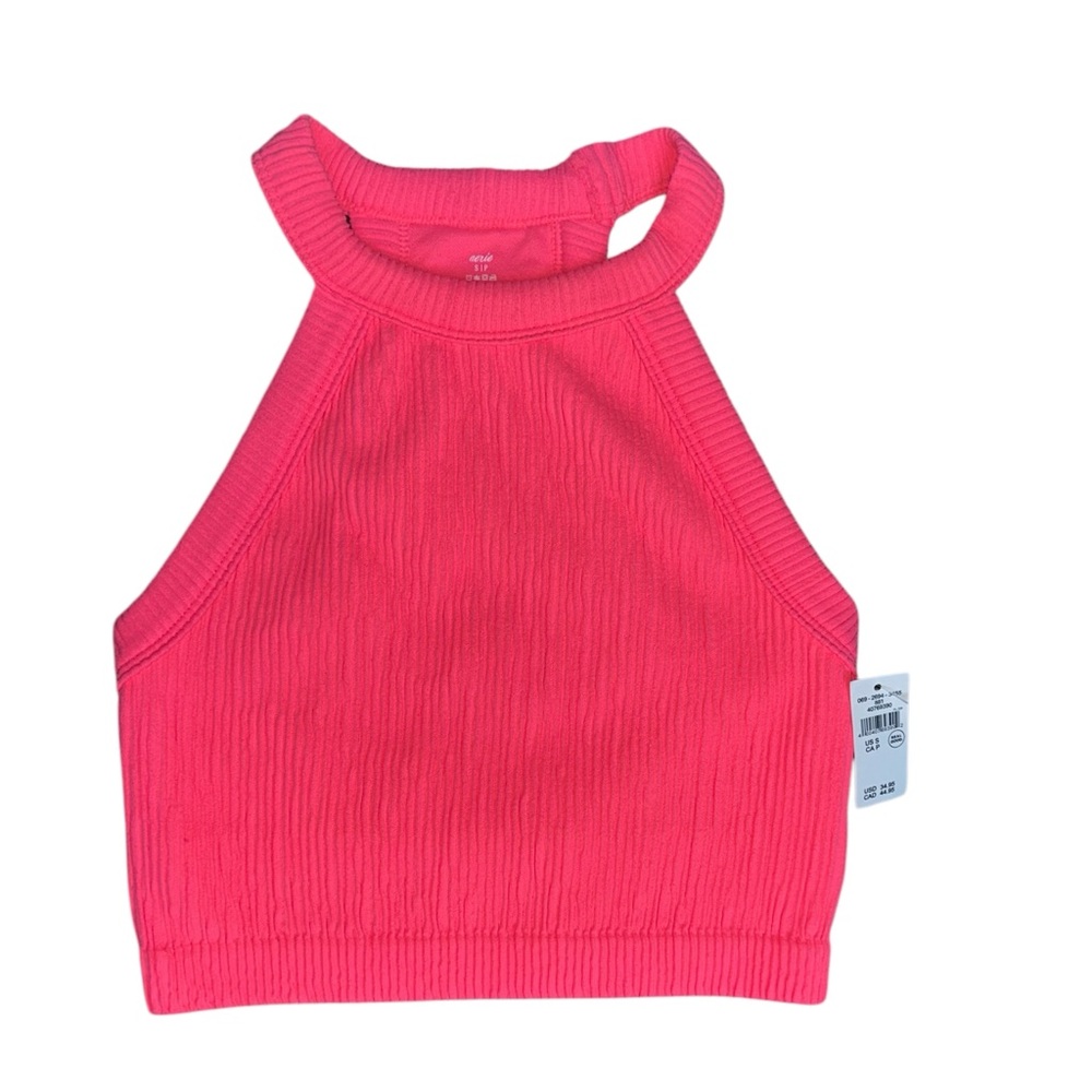 Aerie Superchill Highneck Bralette Small Pink Ribbed Cropped Halter Seamless